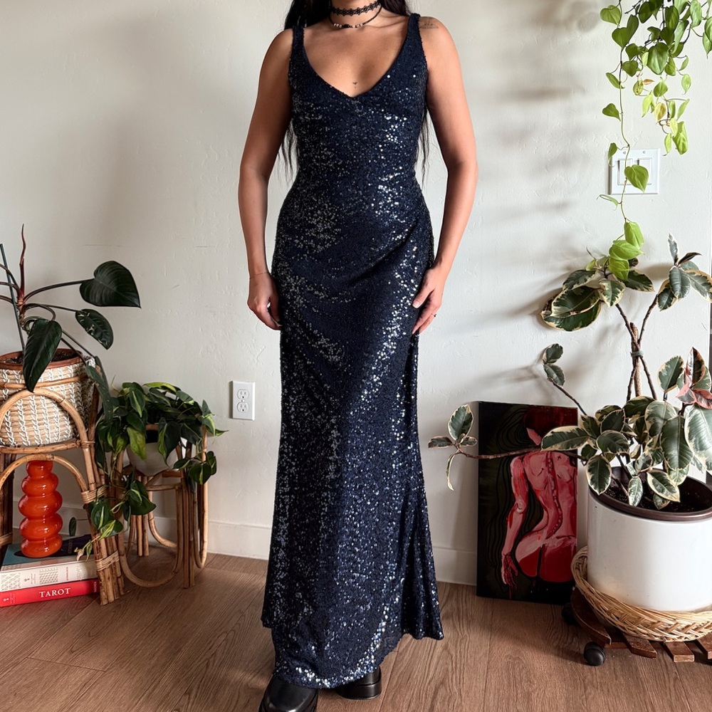 vintage ralph lauren sequin evening gown whimsygoth navy prom dress formal glam